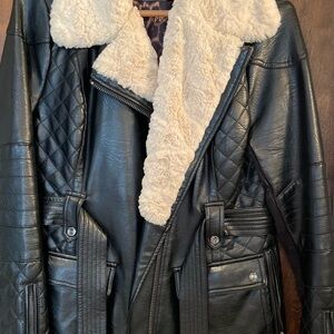 Guess Black Belted Leather Jacket with Cream Fur Collar-Like NEW